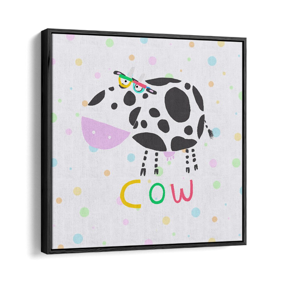 Funny Cow Wearing Glasses By Carla Daly Kids Room Painting in Black Floater Frame