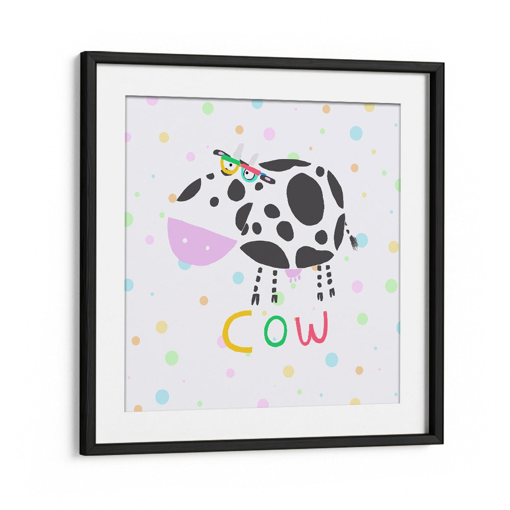 Funny Cow Wearing Glasses By Carla Daly Kids Room Painting in Black Frame With Mount