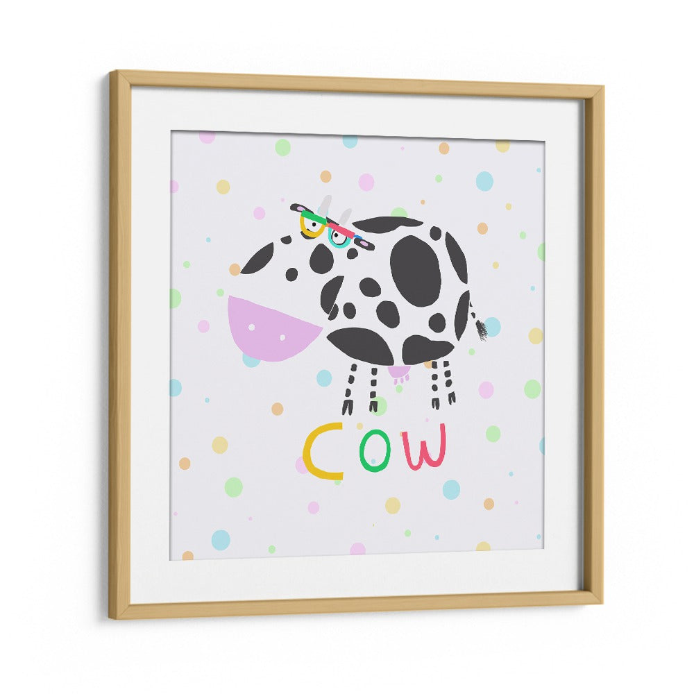 Funny Cow Wearing Glasses By Carla Daly Kids Room Painting in Oak Wood Frame With Mount