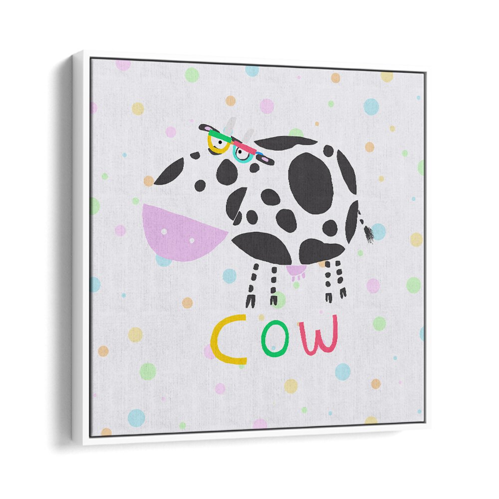 Funny Cow Wearing Glasses By Carla Daly Kids Room Painting in White Floater Frame