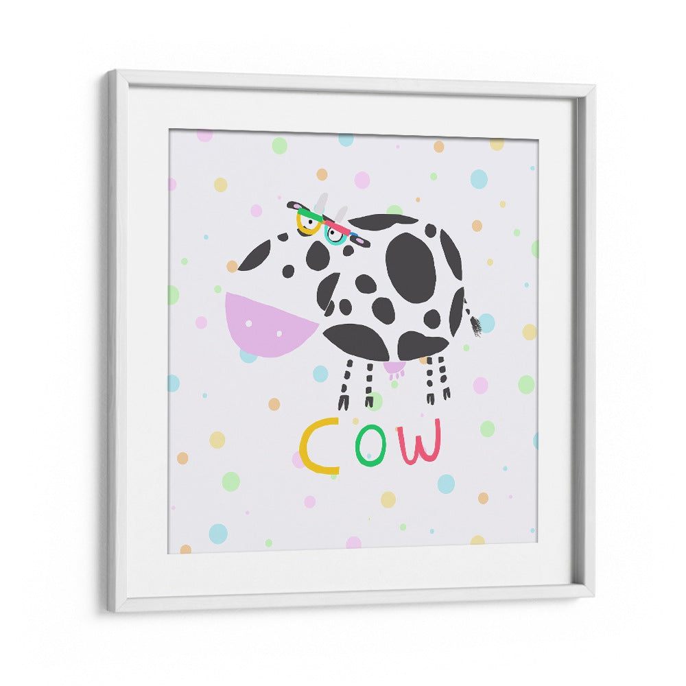 Funny Cow Wearing Glasses By Carla Daly Kids Room Painting in White Frame With Mount