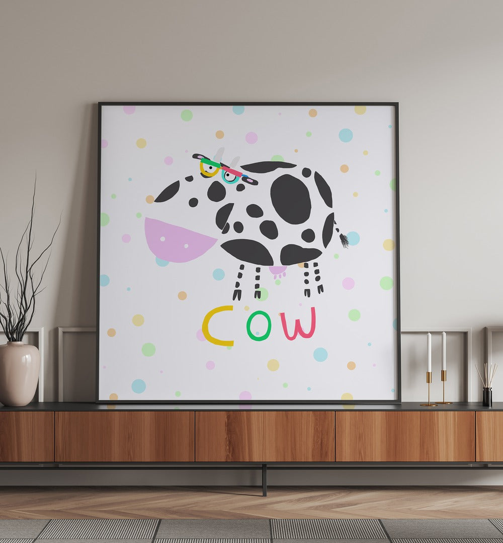 Funny Cow Wearing Glasses By Carla Daly Kids Room Paintings placed on a wall