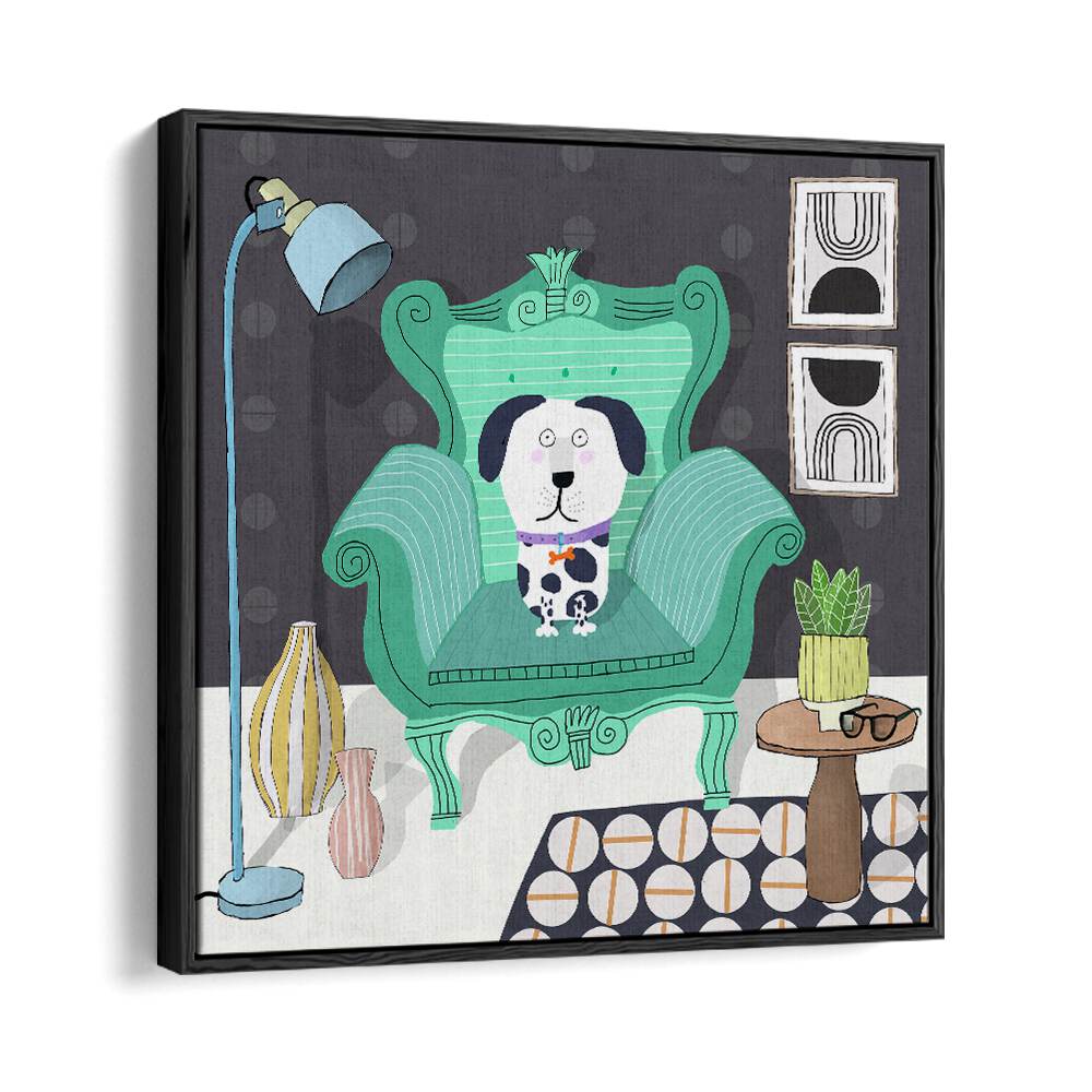 Funny Dog Sitting in a Trendy Interior By Carla Daly Kids Room Painting in Black Floater Frame