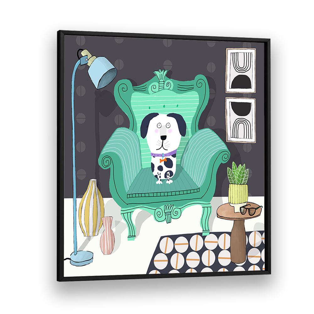 Funny Dog Sitting in a Trendy Interior By Carla Daly Kids Room Painting in Black Plain Frame