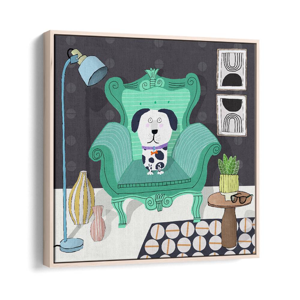 Funny Dog Sitting in a Trendy Interior By Carla Daly Kids Room Painting in Oak Wood Floater Frame