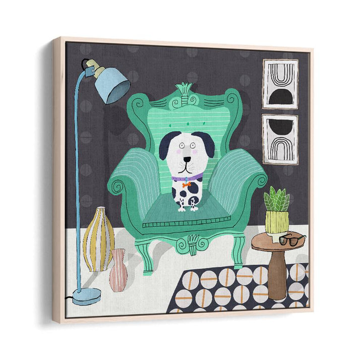 Funny Dog Sitting in a Trendy Interior By Carla Daly Kids Room Painting in Oak Wood Floater Frame