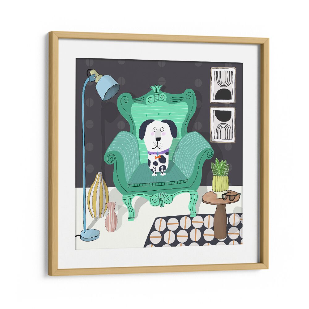 Funny Dog Sitting in a Trendy Interior By Carla Daly Kids Room Painting in Oak Wood Frame With Mount