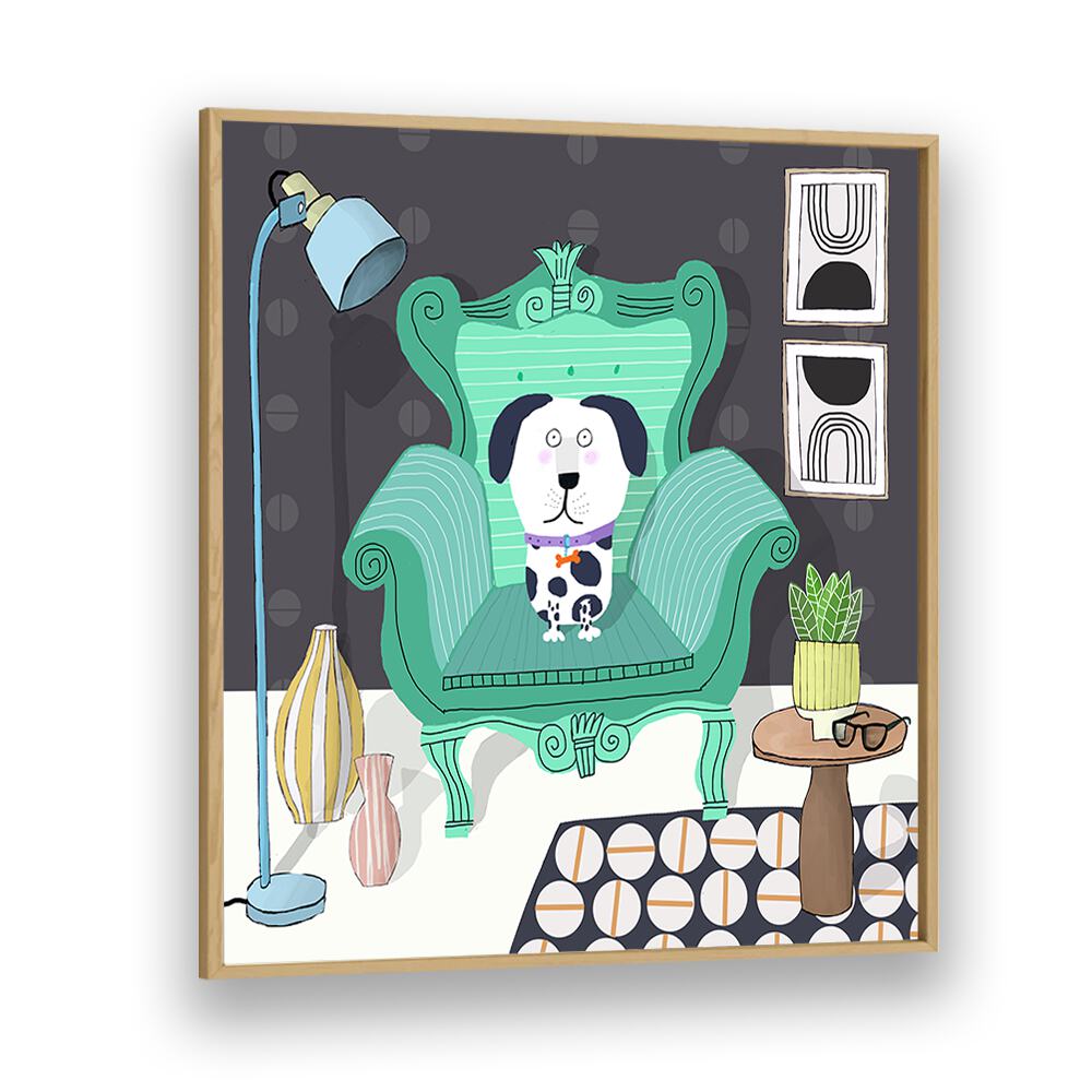 Funny Dog Sitting in a Trendy Interior By Carla Daly Kids Room Painting in Oak Wood Plain Frame