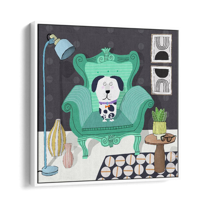 Funny Dog Sitting in a Trendy Interior By Carla Daly Kids Room Painting in White Floater Frame