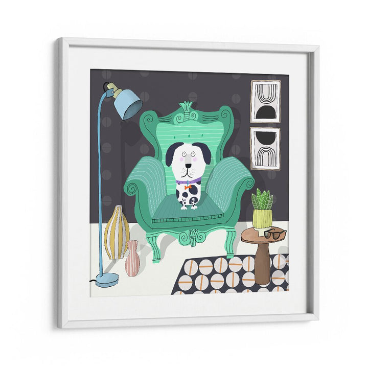 Funny Dog Sitting in a Trendy Interior By Carla Daly Kids Room Painting in White Frame With Mount