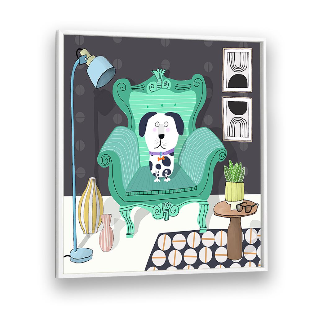 Funny Dog Sitting in a Trendy Interior By Carla Daly Kids Room Painting in White Plain Frame