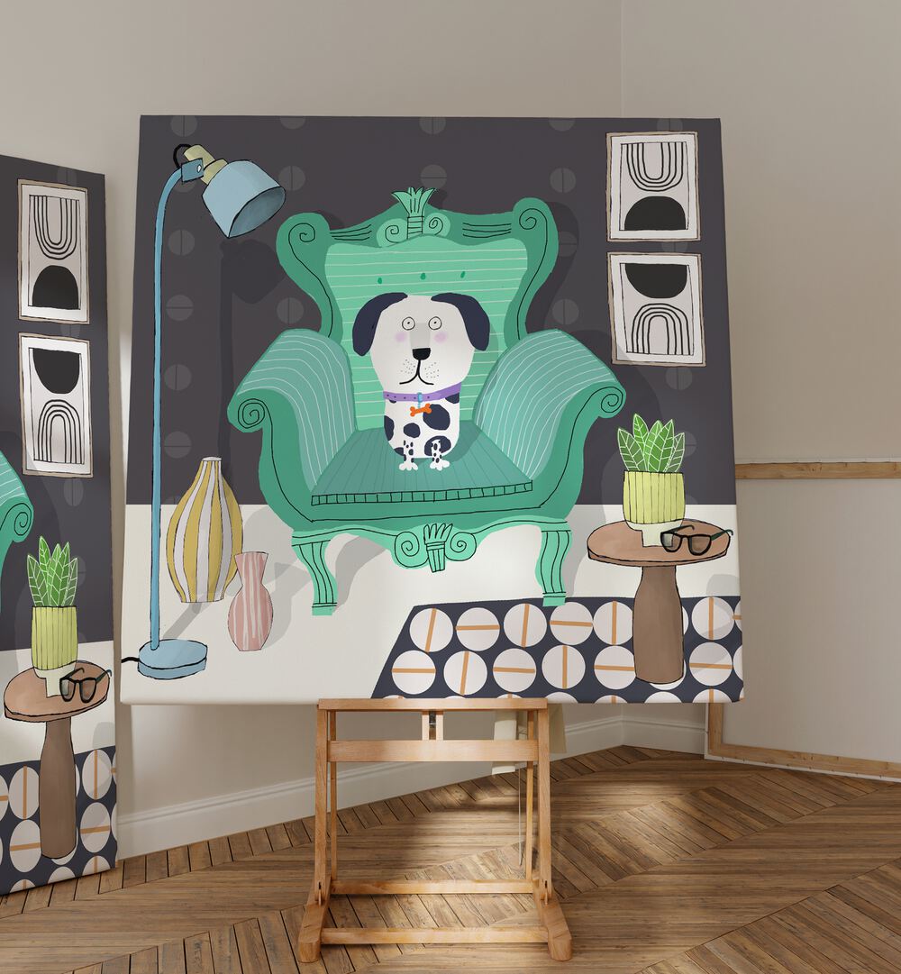 Funny Dog Sitting in a Trendy Interior By Carla Daly Kids Room Paintings placed on a wall