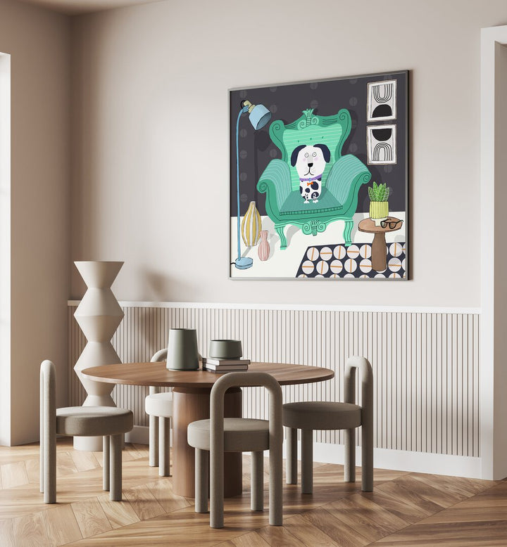 Funny Dog Sitting in a Trendy Interior By Carla Daly Kids Room Paintings placed on a wall