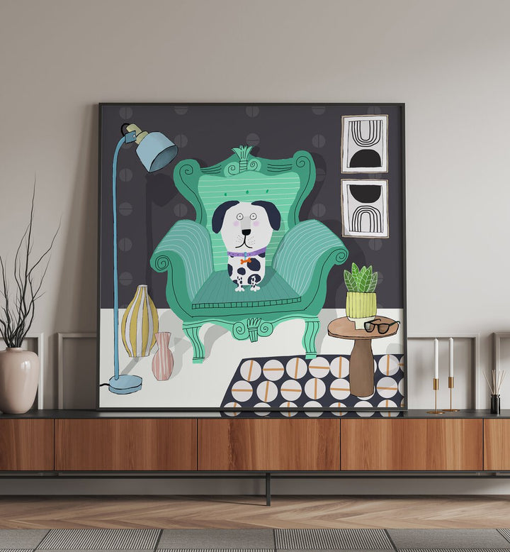 Funny Dog Sitting in a Trendy Interior By Carla Daly Kids Room Paintings placed on a wall