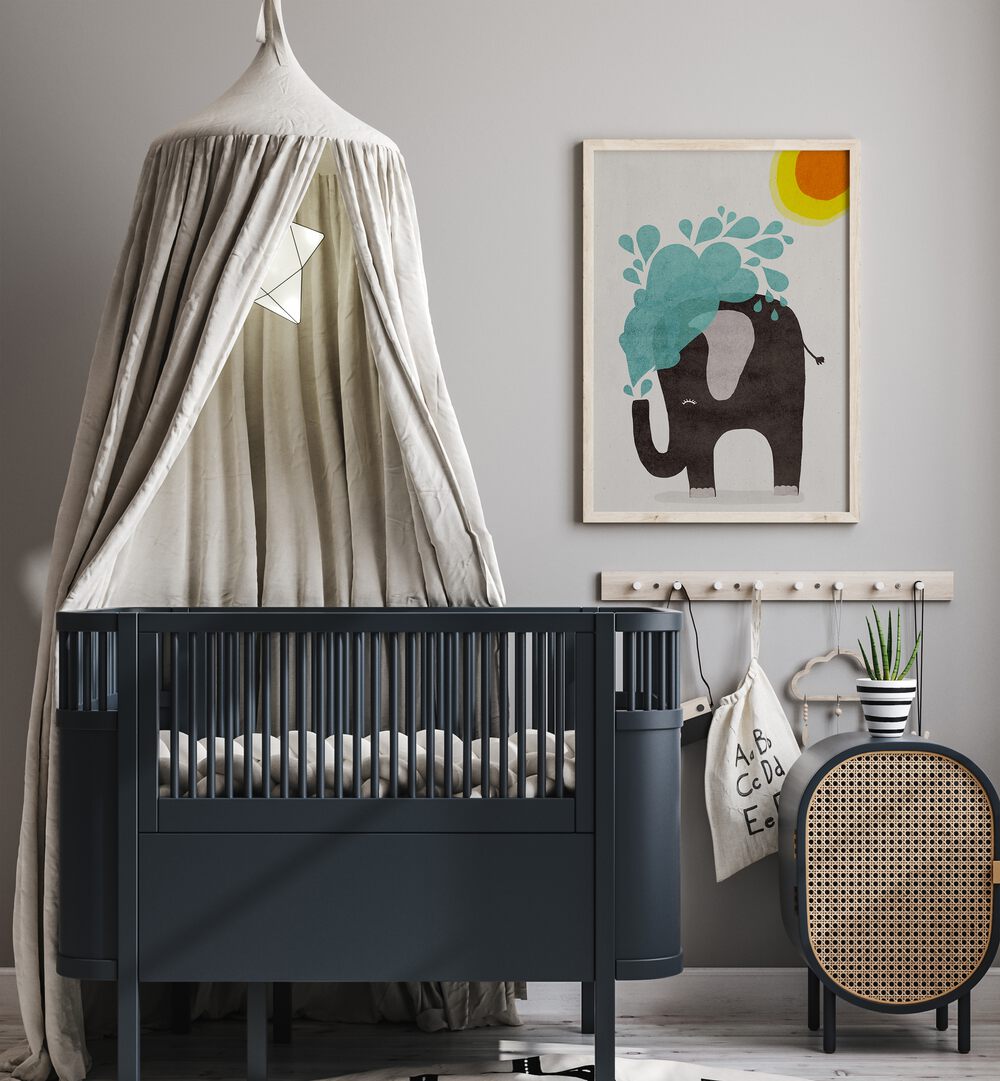 Funny Elephant By Treechild Kids Room Wallart in Oak Wood Plain Frame placed on a Grey Colored Wall in the Kids Room