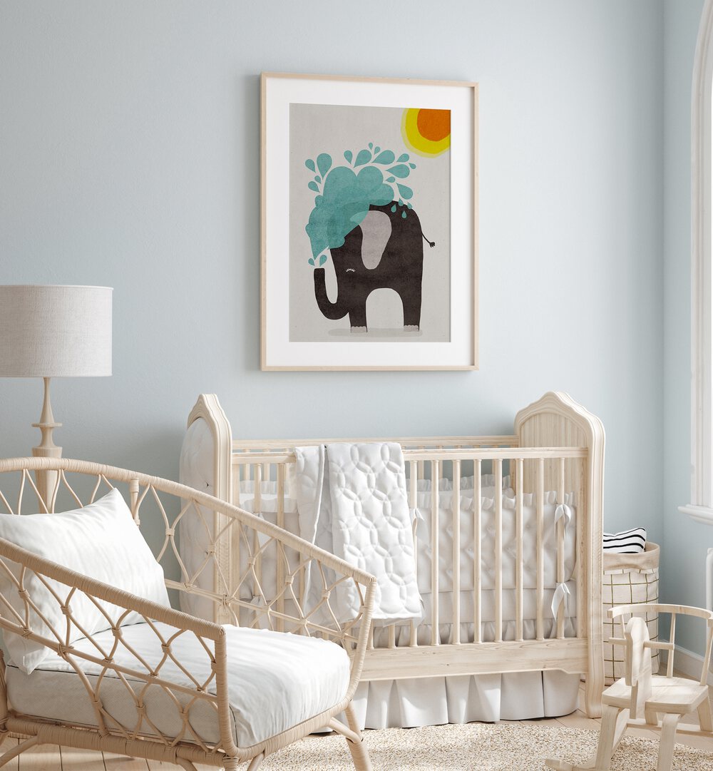 Funny Elephant By Treechild Kids Room Wallart in Oak Wood Frame With Mount placed on a Light Blue Colored Wall