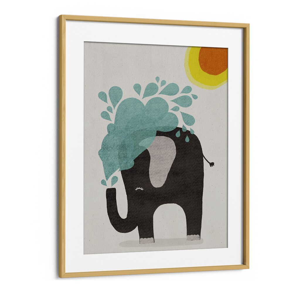 Funny Elephant by Treechild Kids Room Art Prints in Oak Wood Frame With Mount