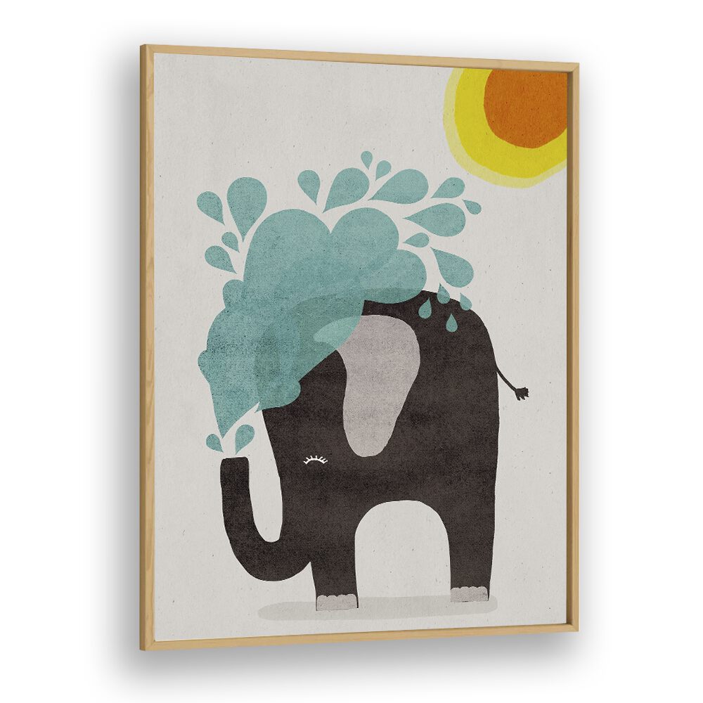 Funny Elephant by Treechild Kids Room Art Prints in Oak Wood Plain Frame