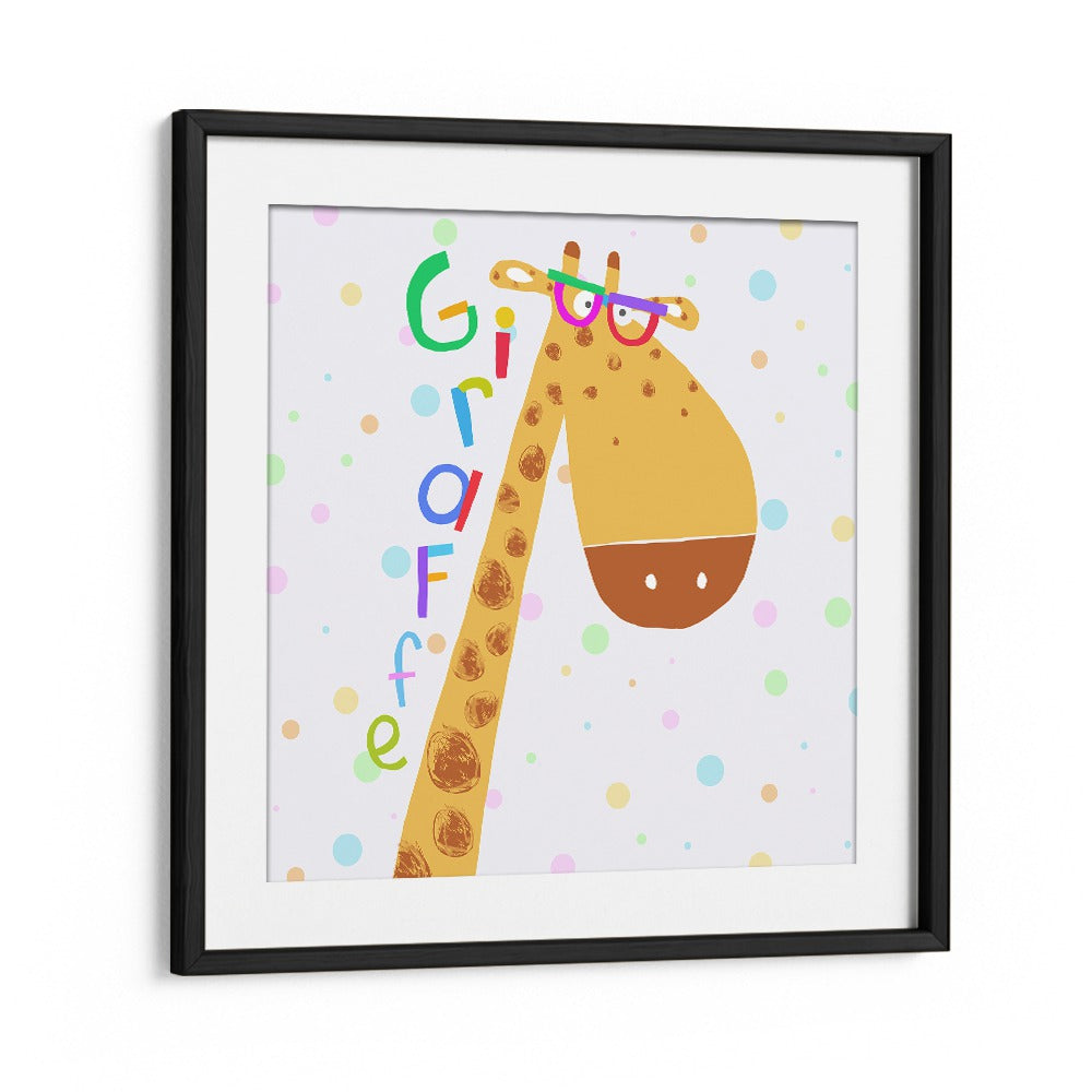 Funny Giraffe Wearing Glasses By Carla Daly Kids Room Painting in Black Frame With Mount