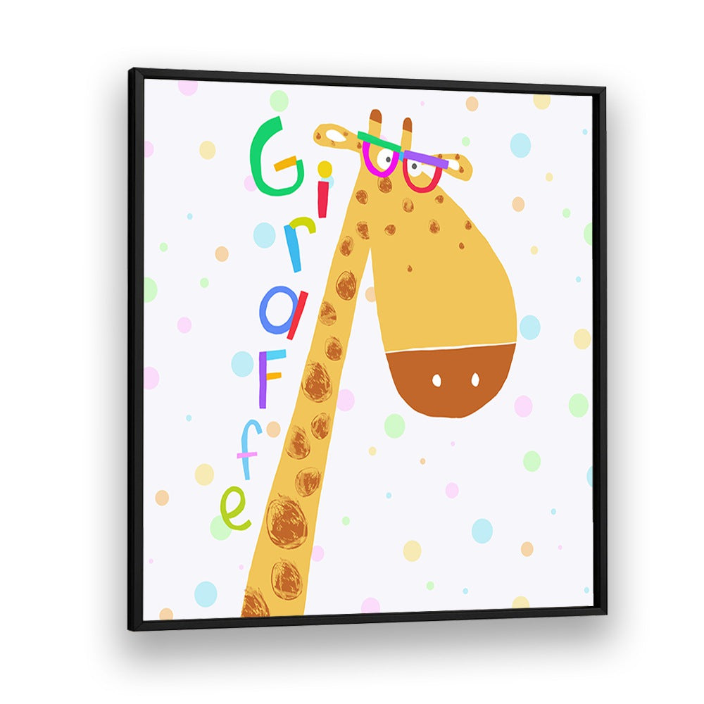 Funny Giraffe Wearing Glasses By Carla Daly Kids Room Painting in Black Plain Frame