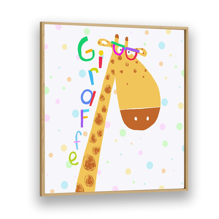 Funny Giraffe Wearing Glasses By Carla Daly Kids Room Painting in Oak Wood Plain Frame