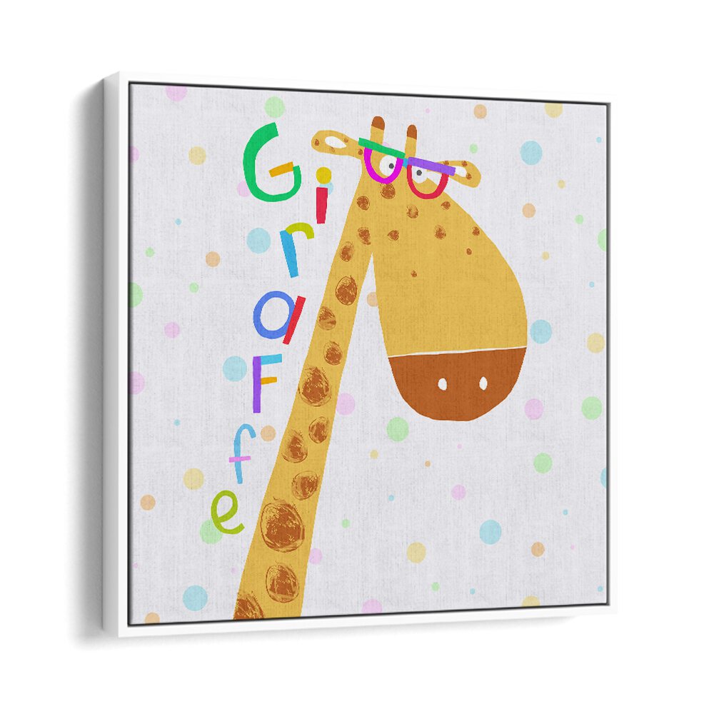 Funny Giraffe Wearing Glasses By Carla Daly Kids Room Painting in White Floater Frame