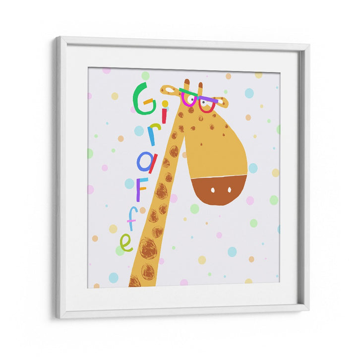 Funny Giraffe Wearing Glasses By Carla Daly Kids Room Painting in White Frame With Mount