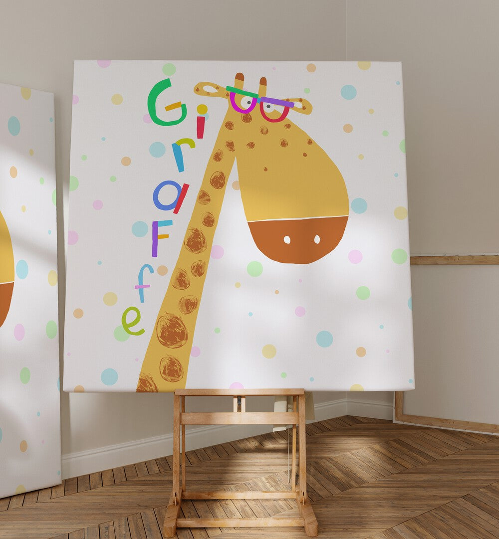 Funny Giraffe Wearing Glasses By Carla Daly Kids Room Paintings placed on a wall