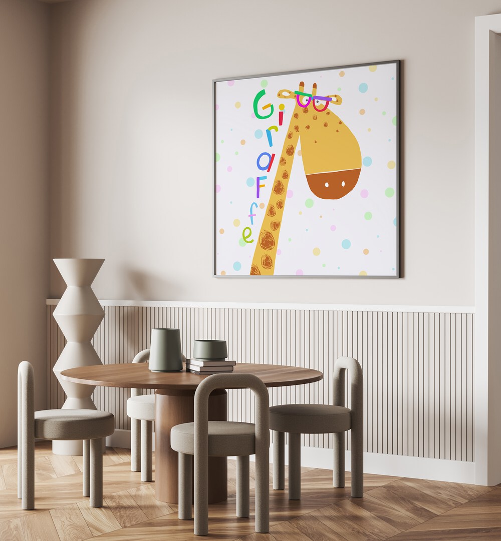 Funny Giraffe Wearing Glasses By Carla Daly Kids Room Paintings placed on a wall
