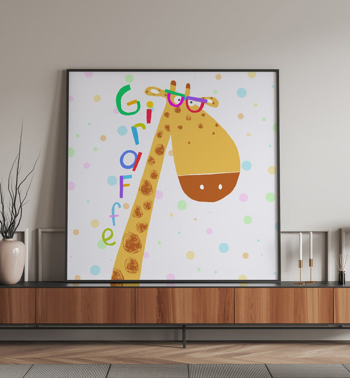 Funny Giraffe Wearing Glasses By Carla Daly Kids Room Paintings placed on a wall