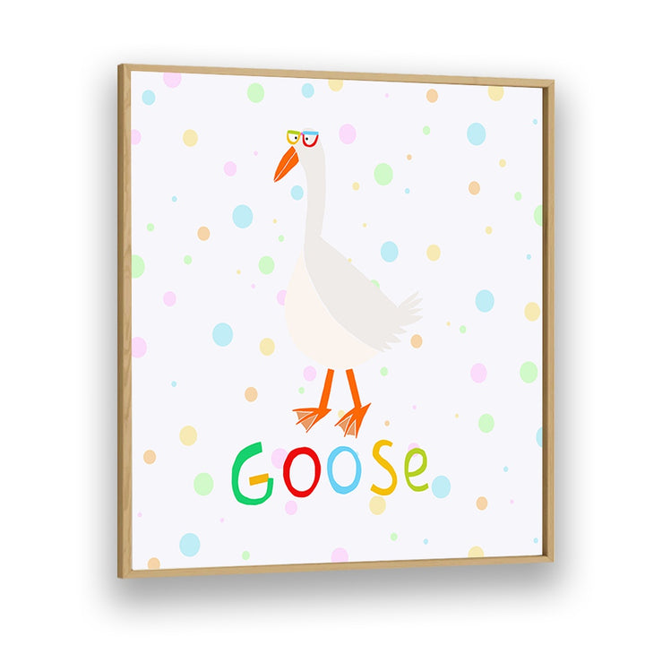 Funny Goose Wearing Glasses By Carla Daly Kids Room Painting in Oak Wood Plain Frame