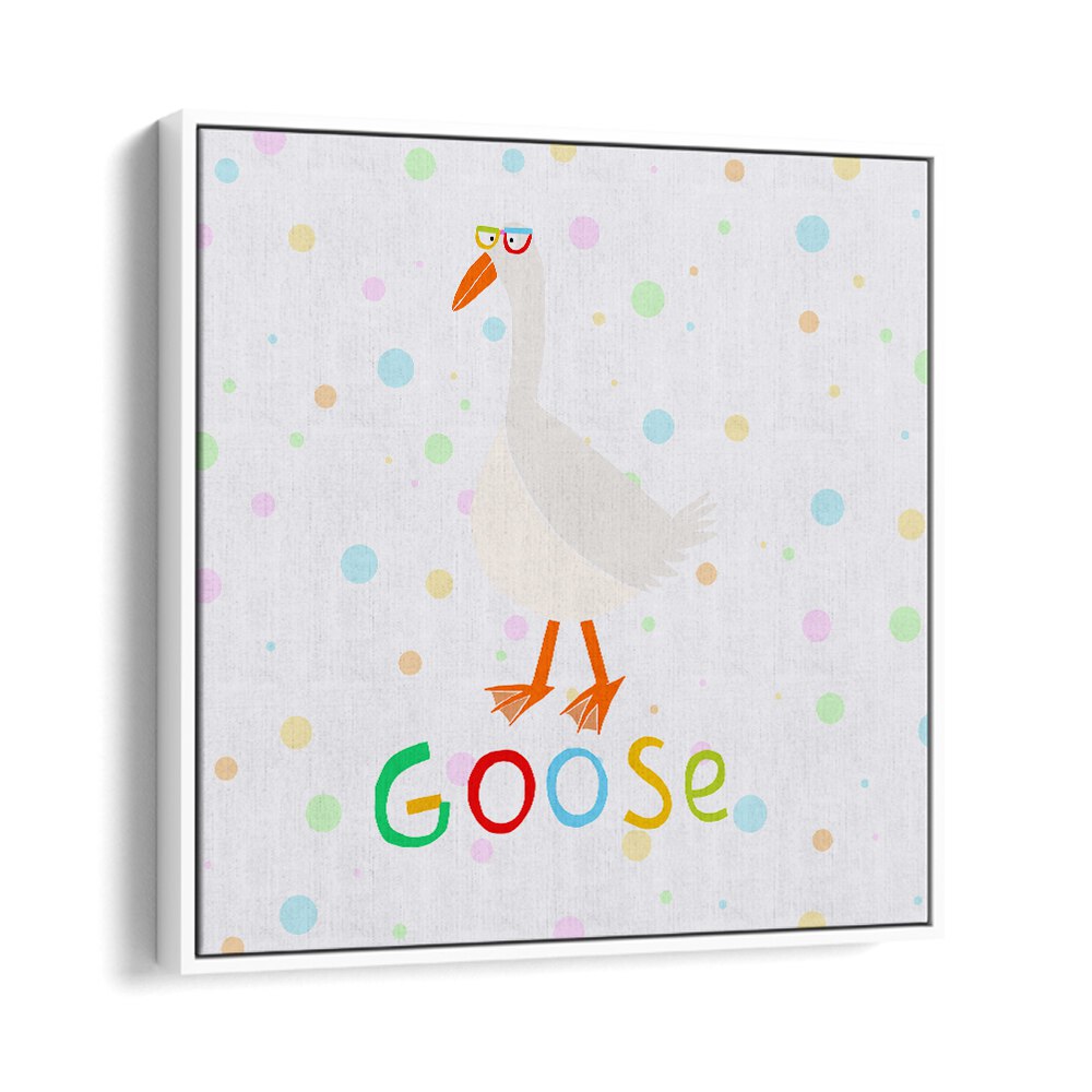 Funny Goose Wearing Glasses By Carla Daly Kids Room Painting in White Floater Frame