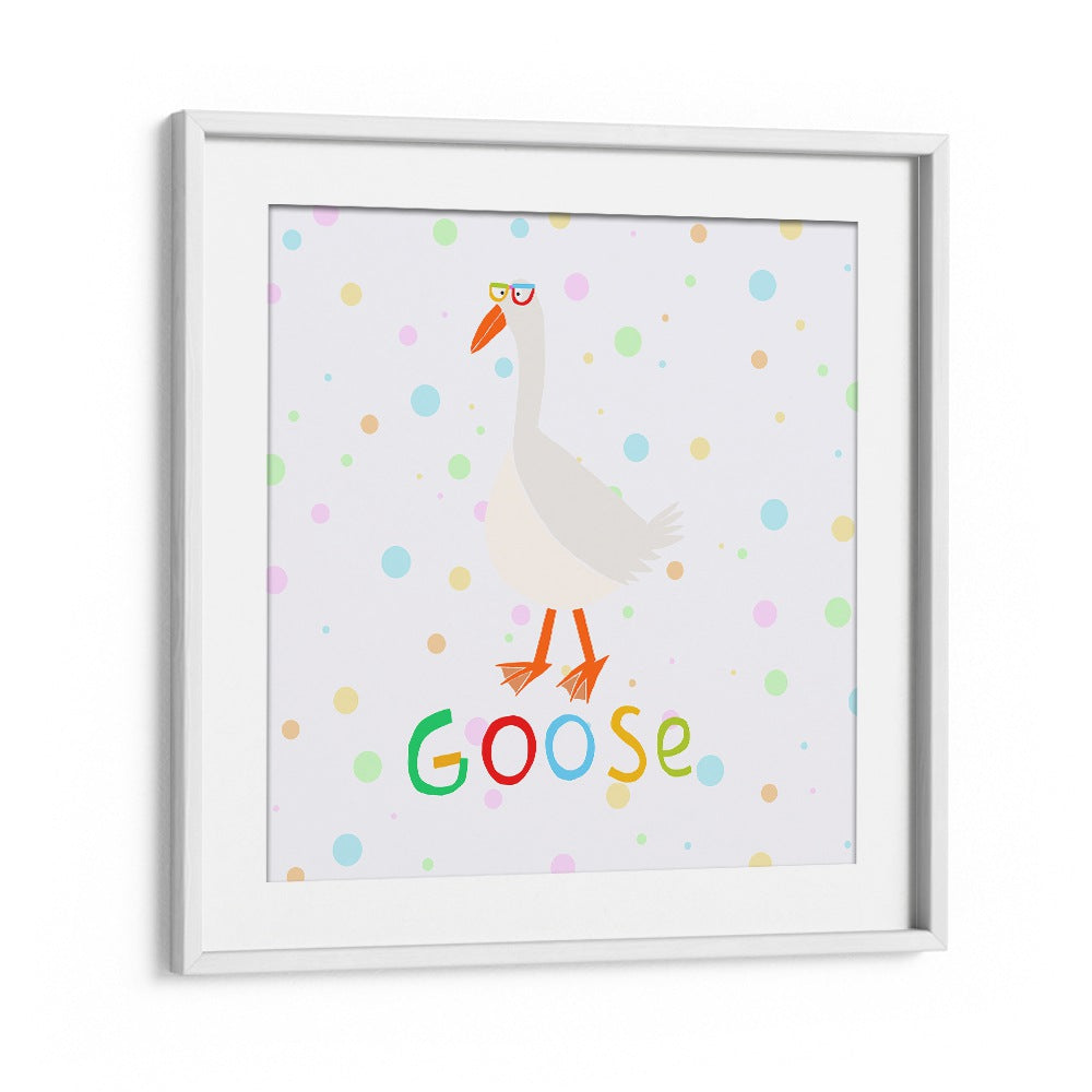 Funny Goose Wearing Glasses By Carla Daly Kids Room Painting in White Frame With Mount