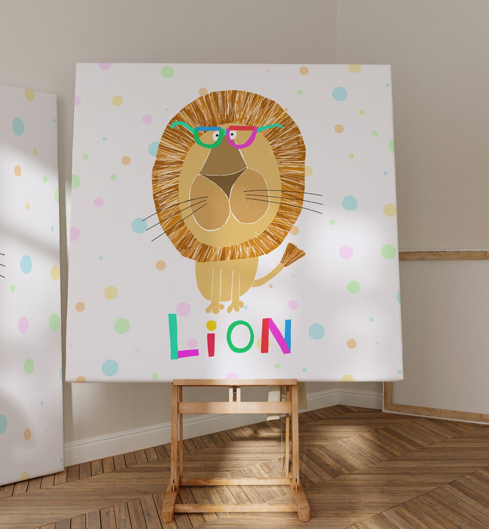 Funny Lion Wearing Glasses By Carla Daly Kids Paintings placed on a wall