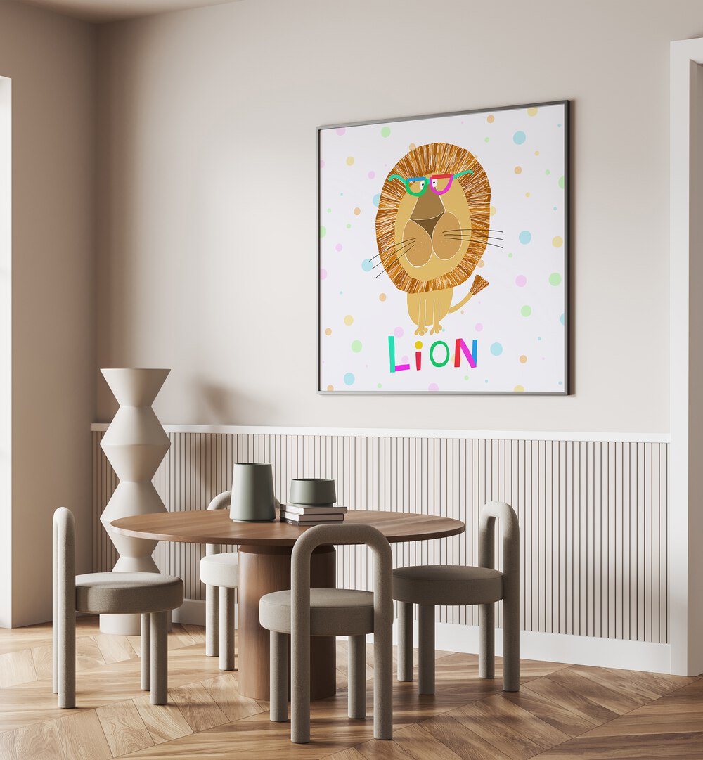 Funny Lion Wearing Glasses By Carla Daly Kids Paintings placed on a wall
