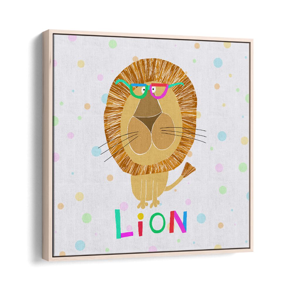 Funny Lion Wearing Glasses By Carla Daly Kids Painting in Oak Wood Floater Frame