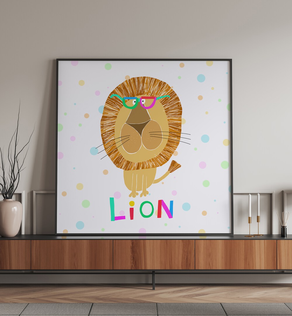 Funny Lion Wearing Glasses By Carla Daly Kids Paintings placed on a wall