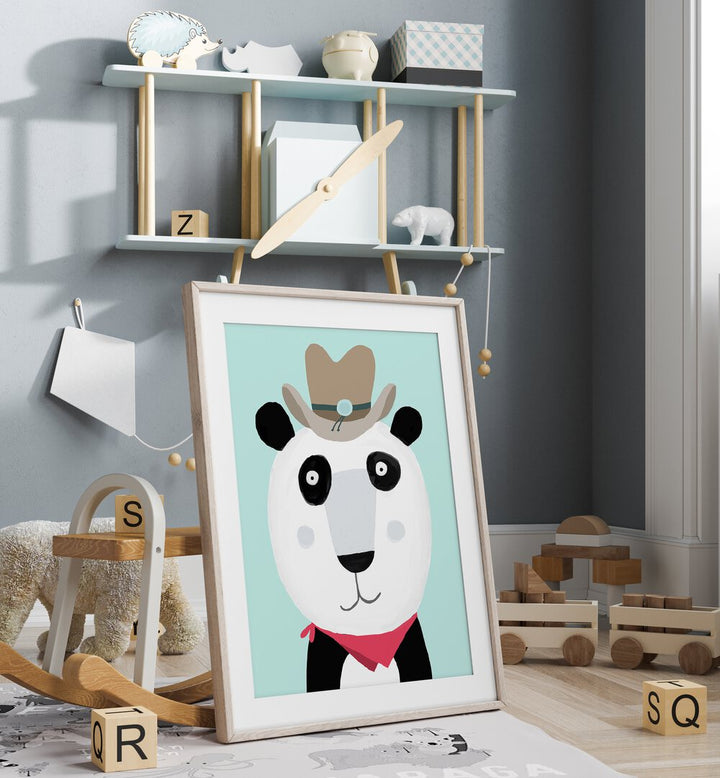 Funny Panda With Cowboy Hat By Carla Daly Kids Painting placed on a wall 