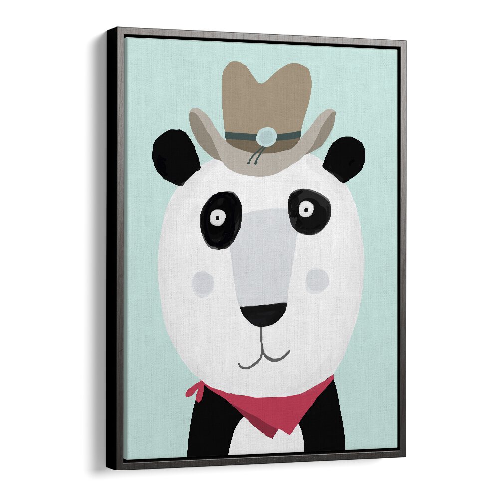 Funny Panda With Cowboy Hat By Carla Daly Kids Painting in Black Floater Frame