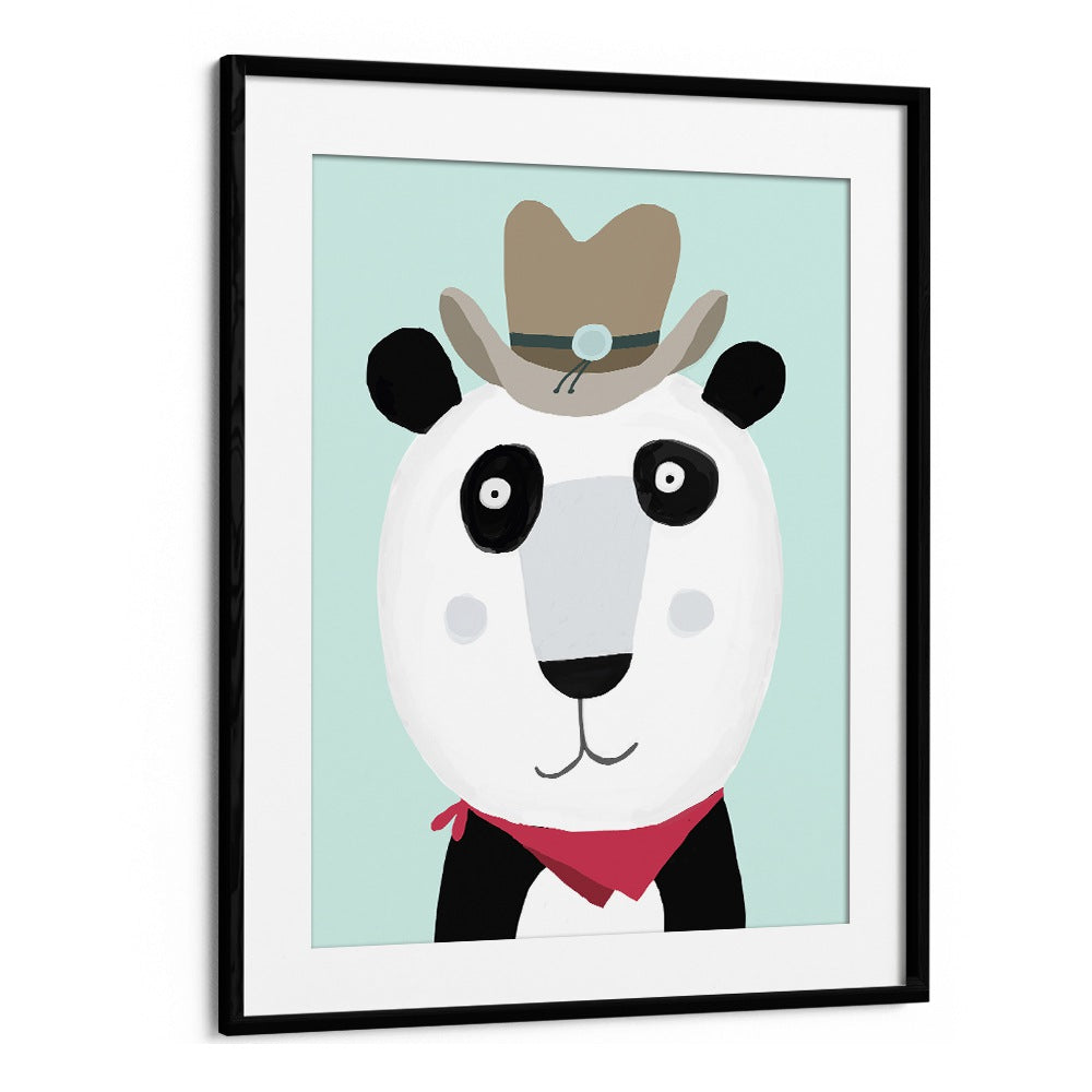 Funny Panda With Cowboy Hat By Carla Daly Kids Painting in Black Frame With Mount