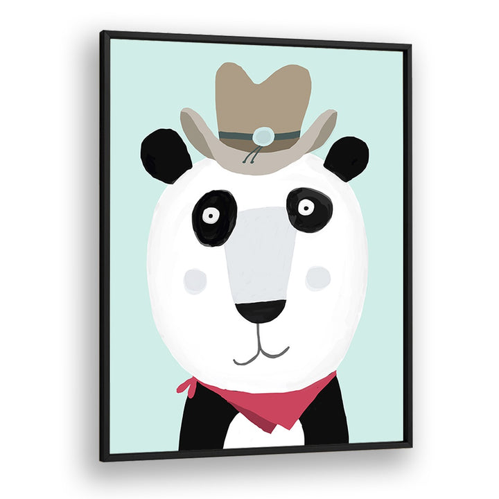 Funny Panda With Cowboy Hat By Carla Daly Kids Painting in Black Plain Frame