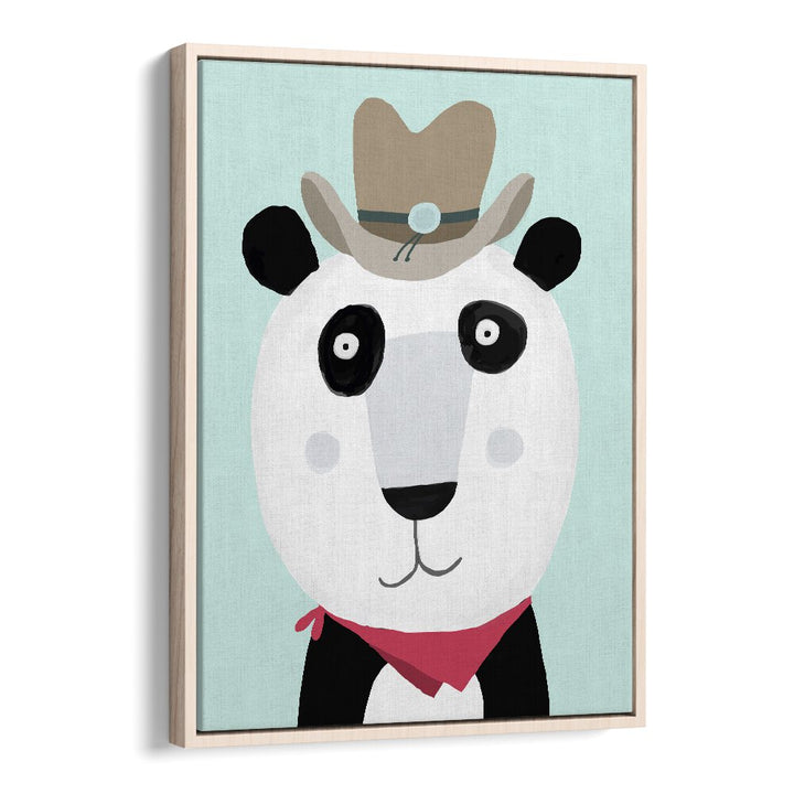 Funny Panda With Cowboy Hat By Carla Daly Kids Painting in Oak Wood Floater Frame