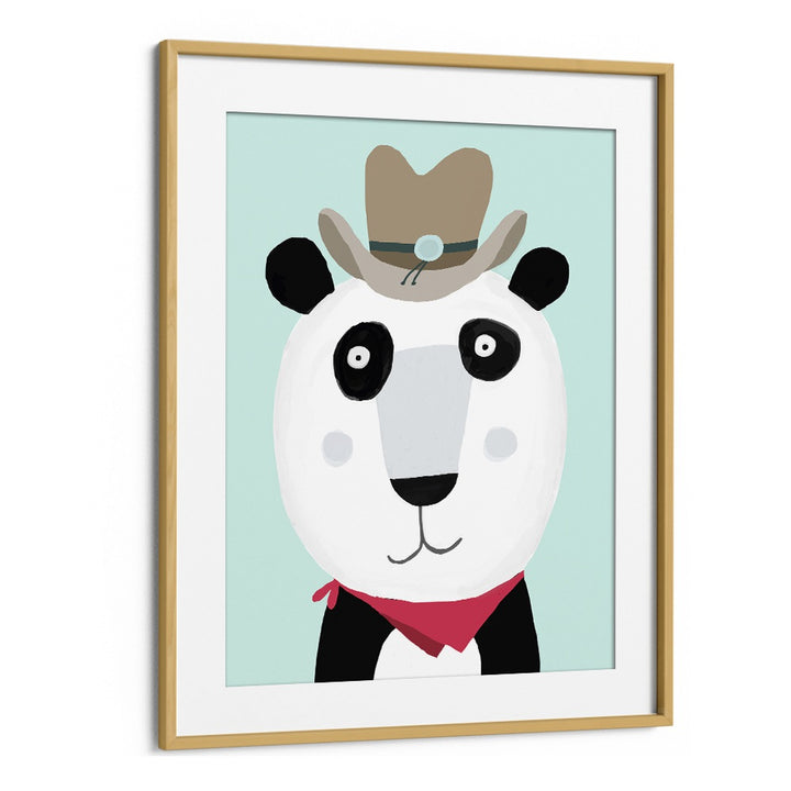 Funny Panda With Cowboy Hat By Carla Daly Kids Painting in Oak Wood Frame With Mount