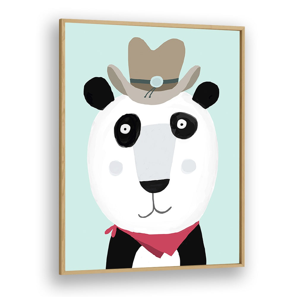 Funny Panda With Cowboy Hat By Carla Daly Kids Painting in Oak Wood Plain Frame