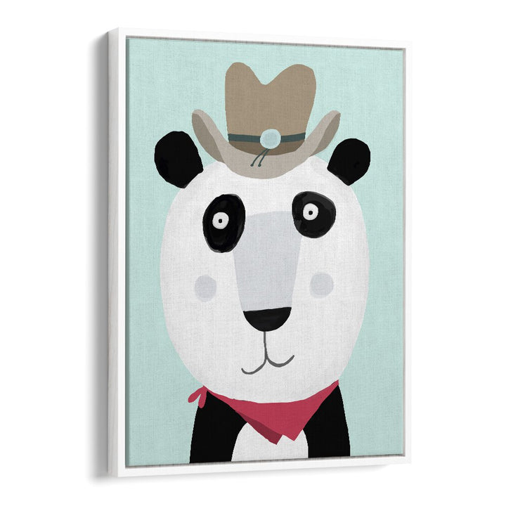 Funny Panda With Cowboy Hat By Carla Daly Kids Painting in White Floater Frame