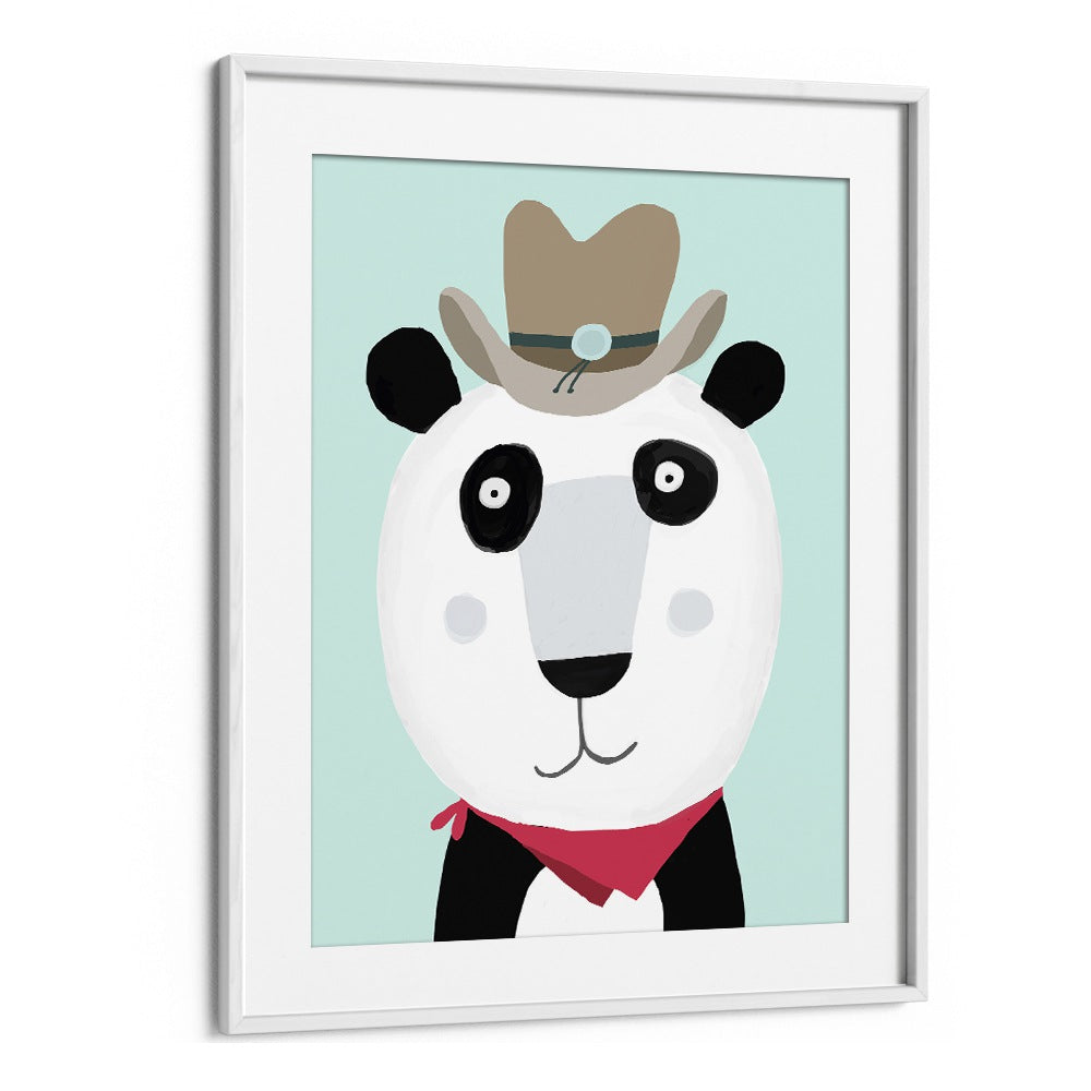 Funny Panda With Cowboy Hat By Carla Daly Kids Painting in White Frame With Mount