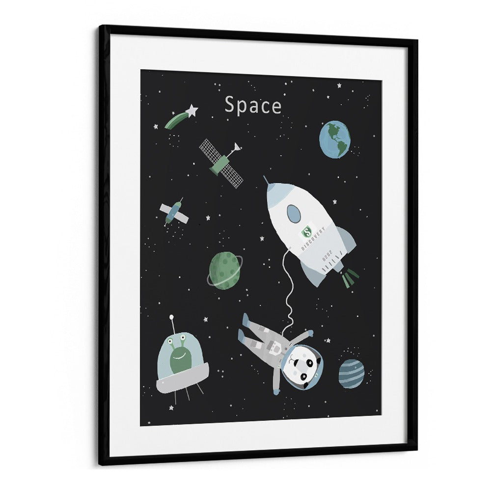 Funny Panda With Space Rocket By Carla Daly Kids Painting in Black Frame With Mount