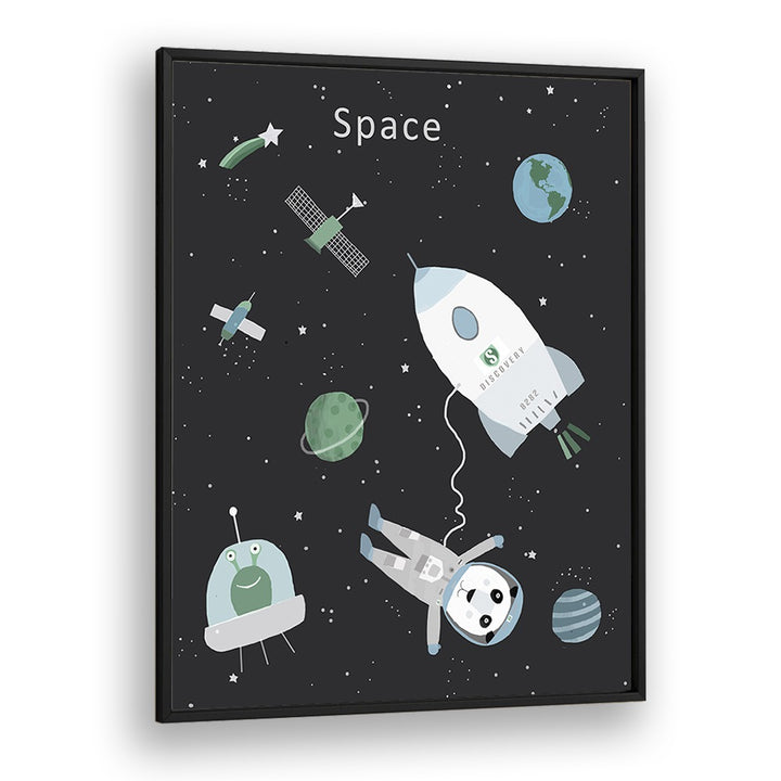 Funny Panda With Space Rocket By Carla Daly Kids Painting in Black Plain Frame