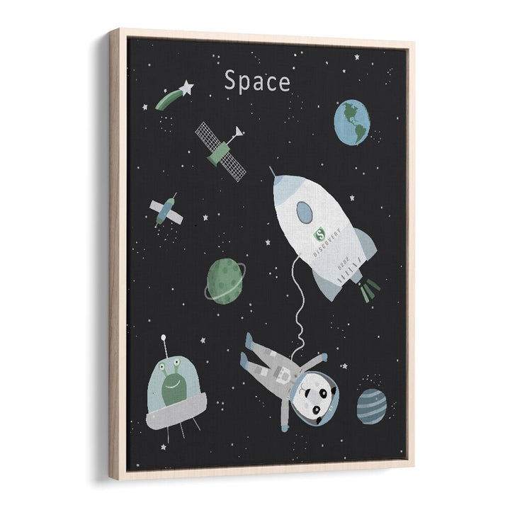 Funny Panda With Space Rocket By Carla Daly Kids Painting in Oak Wood Floater Frame