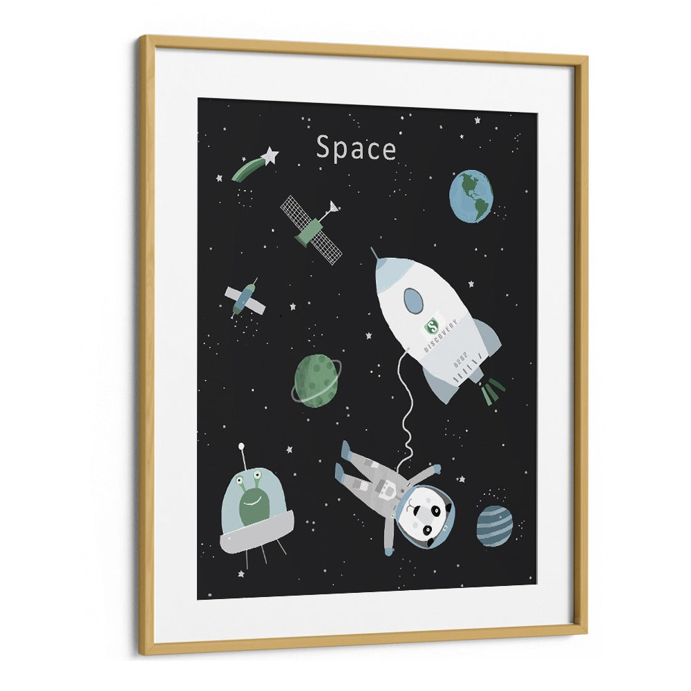 Funny Panda With Space Rocket By Carla Daly Kids Painting in Oak Wood Frame With Mount